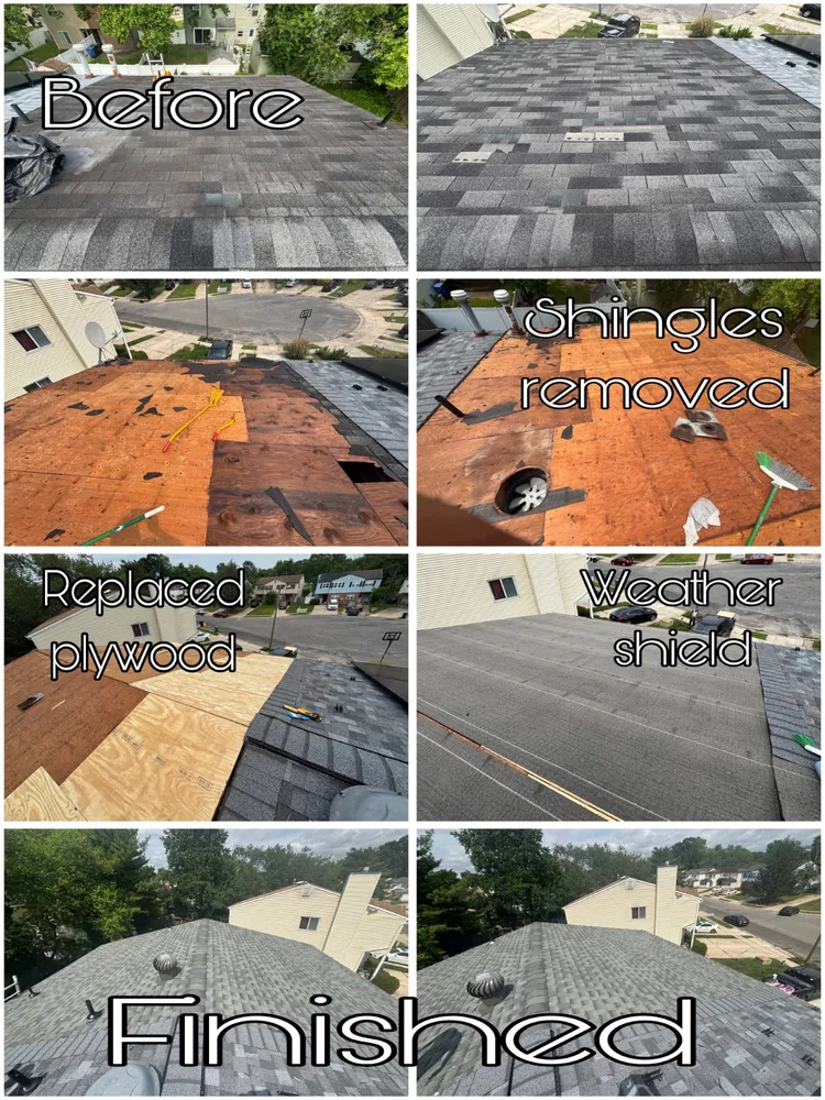 Roof replacement before and after project board